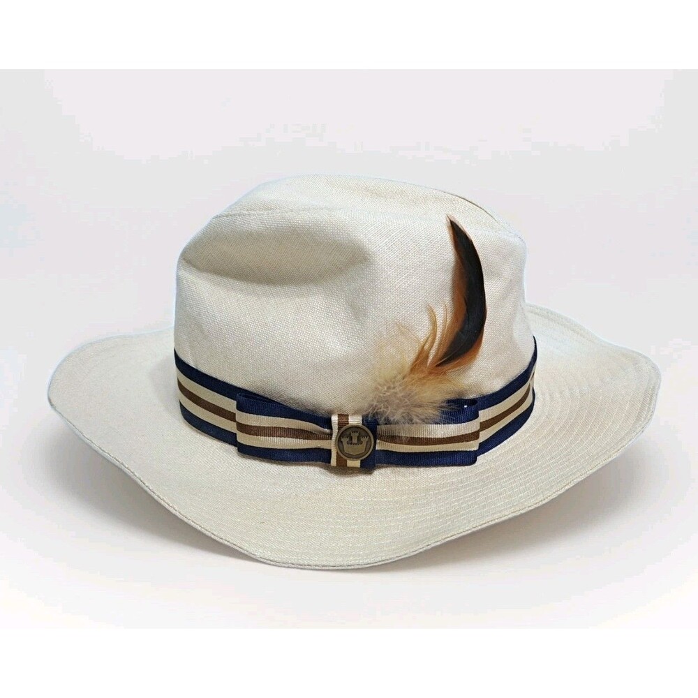 Goorin Bros Linen Fedora Feather Ribbon Striped Hat Sun Beige Tan Mens XL Retro